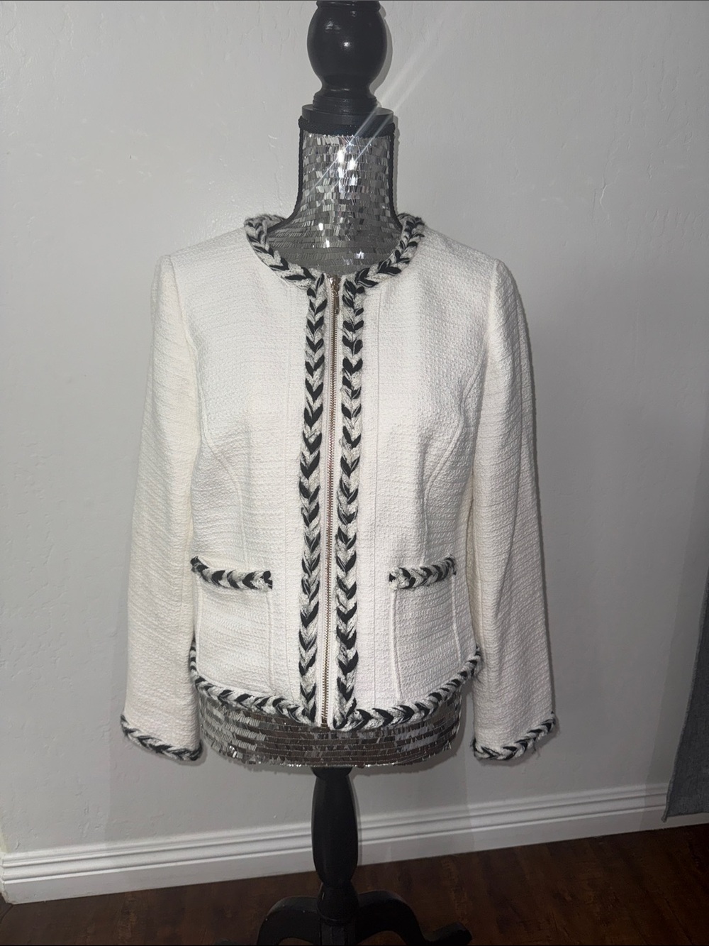 White House Black Market Ivory Tweed Jacket with Black Braid Trim